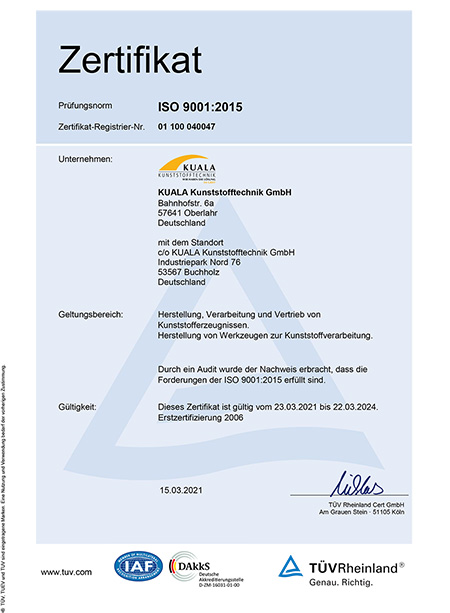 Kuala Kunststofftechnik - zertifiziert nach DIN EN ISO 9001:2015