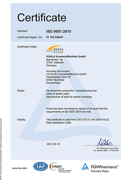 Kuala Kunststofftechnik - certificate DIN EN ISO 9001:2015