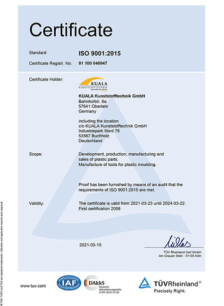 Kuala Kunststofftechnik - certificate DIN EN ISO 9001:2015