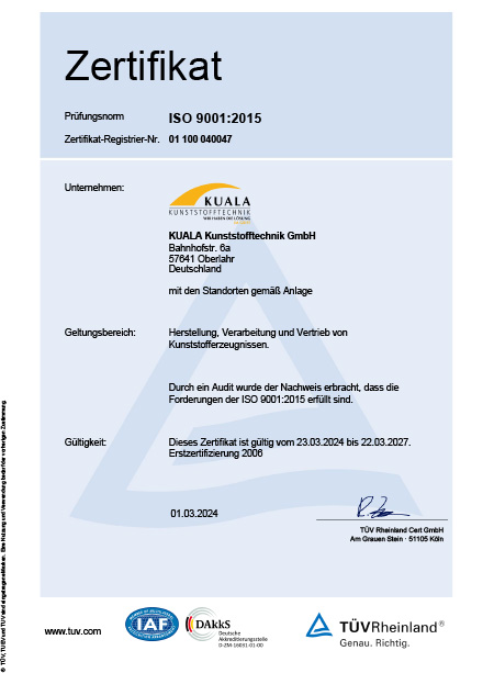 Kuala Kunststofftechnik - zertifiziert nach DIN EN ISO 9001:2015